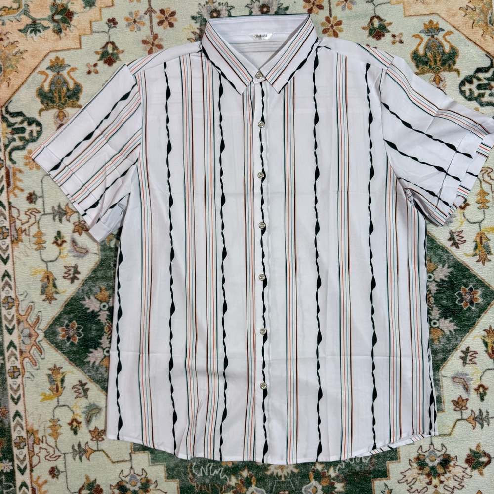 SheLucki Mens Striped Short Sleeve‎ Button Up Shirt Size L White Multi Color